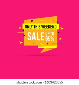 Only this Weekend Flash sale, discount up to 65% off. Vector illustration concept for promotion. Flat style in yellow color and isolated on pink background. Fashion and travel discount poster template