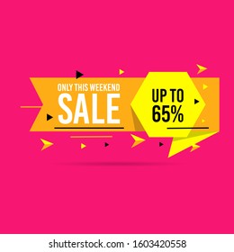 Only this Weekend Flash sale, discount up to 65% off. Vector illustration concept for promotion. Flat style in yellow color and isolated on pink background. Fashion and travel discount poster template