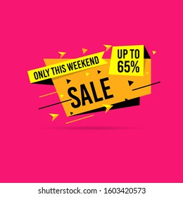 Only this Weekend Flash sale, discount up to 65% off. Vector illustration concept for promotion. Flat style in yellow color and isolated on pink background. Fashion and travel discount poster template