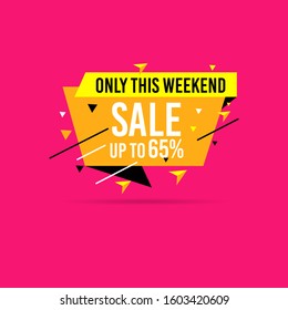 Only this Weekend Flash sale, discount up to 65% off. Vector illustration concept for promotion. Flat style in yellow color and isolated on pink background. Fashion and travel discount poster template