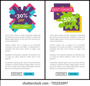 Only today -30% off and best choice -50%, websites collection made up of lettering placed above text sample and buttons vector illustration web posters