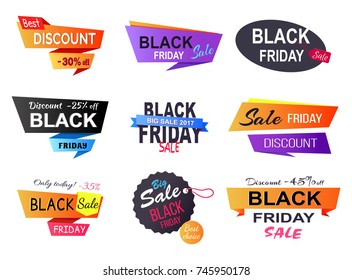 Only today -35% discount, poster that represents sales made by shops during black Friday, set of stickers on vector illustration isolated on white