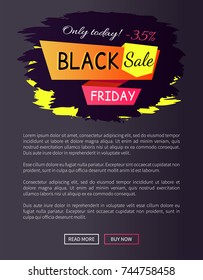 Only today - 35% off Black sale Friday promotional label abstract geometric ribbons, color inscription vector illustration isolated on dark web poster