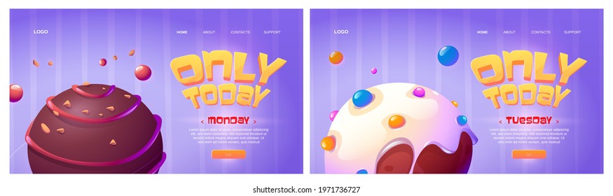Only today cartoon web pages with food planets bread, pizza, chocolate candy, ice cream spheres. Comic fantasy tasty galaxy world, online meals order service, background UI game, vector illustration