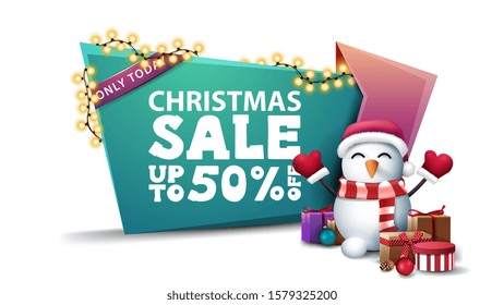 Only today, Christmas sale, up to 50% off, green and pink discount banner in cartoon style wound garland with snowman in Santa Claus hat with gifts