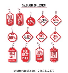 Only today, sale 60% off, 50%, Sale up to 60% only today, 60% only today, Best sale, our best sale, 60% only today label collection. Red, black, and white color. Vector Isolated elements. 