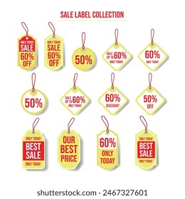 Only today, sale 60% off, 50% off, Sale up to 60% only today, 60% only today, Best sale, our best sale, 60% only today label collection. Red, yellow, and white color. Vector Isolated elements.