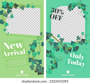 Sólo hoy en día oferta especial para clientes y clientes, nueva llegada. Banners promocionales con marcos y fondo transparente, hojas y ramas de plantas. Ver más información. Vector de estilo plano