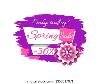 Only today spring sale, limited promotion 30 percent, purple poster decorated by flower origami, discount offer with blossom, shopping label vector