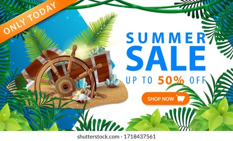 Only today, summer sale, up to 50% off, blue and white discount web banner for your business with treasures chest, tropical jungle frame and large offer with button