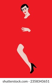 Only a woman's head, hand, and leg are visible in a surreal fashion illustration.