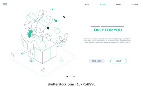 Only For You - Line Design Style Isometric Web Banner On White Background With Copy Space For Text. A Website Header With A Woman, Girl Opening A Big Present, Images Of Pink Hearts Flying From The Box