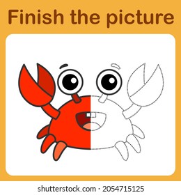 onnect the dot and complete the picture. Simple coloring funny red crab. Drawing game for children.