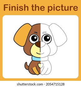conecta el punto y completa la imagen. Un simple colorante gracioso cachorrito. Juego de dibujo para niños