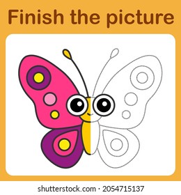 onnect the dot and complete the picture. Simple coloring bright butterfly. Drawing game for children