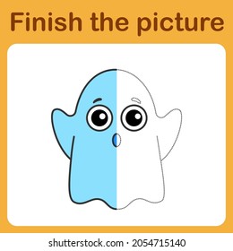 onnect the dot and complete the picture. Simple coloring funny ghost. Drawing game for children