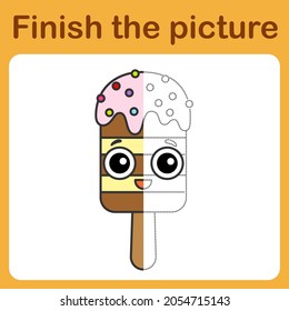 onnect the dot and complete the picture. Simple coloring funny ice cream. Drawing game for children