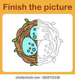 onnect the dot and complete the picture. Simple coloring nest with eggs. Drawing game for children.