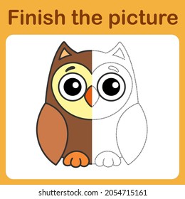 onnect the dot and complete the picture. Simple coloring owl. Drawing game for children