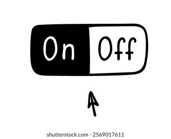 On-off button is hand-drawn. The on and off icon with a pointer. Vector linear illustration. Black and white picture .