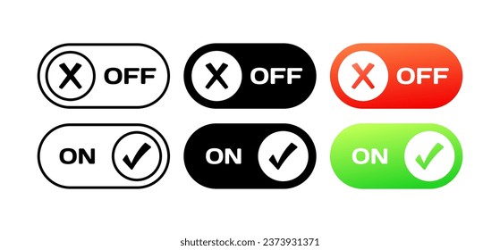 Knöpfe AUS. Verschiedene Stile, Farbe, ONOFF-Schieberegler, Ein-Aus-Taste. Vektorsymbole