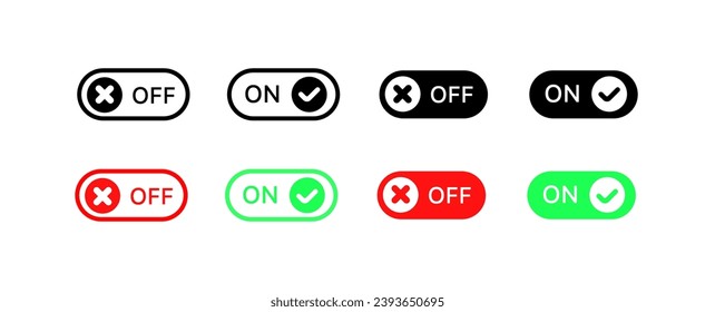 OnOff buttons. Different styles, colors, cross and check buttons, OnOff slider. Vector icons