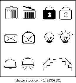 On-off icon,bin,key,Light bulb,letter,bell, Up-down stairs,