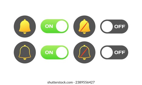 OnOff notification buttons. Flat, gold, bell icons, onoff notification slider. Vector icons