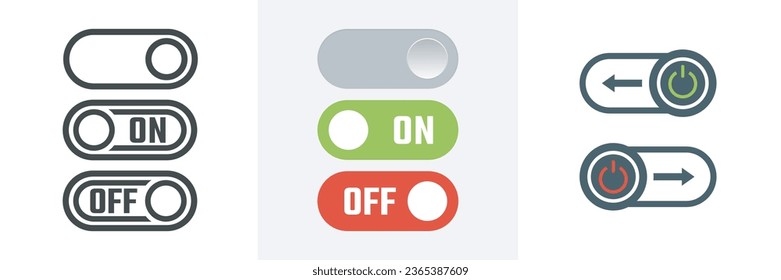 On-off power button icons set.Switch on switch off icon.Different style icons set.Red Off switch,green On switch button app interface slide buttons.Vector illustration