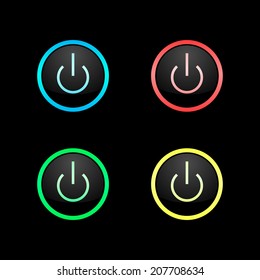 ON/OFF Power buttons set, isolated on black background. Different colors (blue, red, green, yellow). Vector illustration, eps 10.