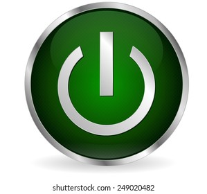 On/Off switch button, round green web icon with metallic frame