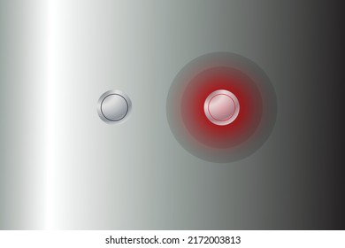 OnOff switch. Circular neon with red light effect. Mirror texture banner reflecting light on shiver background. Vector illustration.