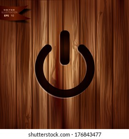 On/Off switch icon. Power symbol. Wooden texture.