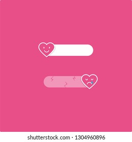 On-Off Switch of Love on the pink background. Happy and unhappy cartoon face on the heart. Concept of love. - vector illustration