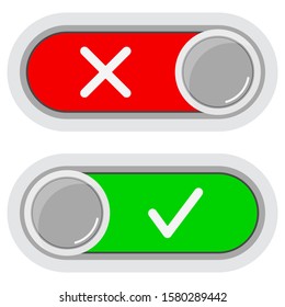 On/Off switches sliders buttons icon set isolated on white background. Flat, simple design colorful grey, red and green signs user interface. Toggle switch symbol for web. Vector illustration.