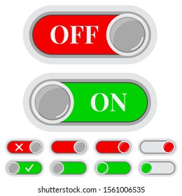 On/Off switches sliders icon set isolated on white background. Flat, simple design colorful red and green signs user interface. Toggle switch symbol for web. Vector illustration.