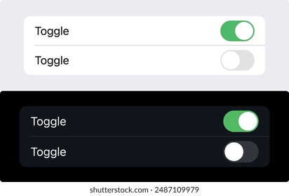 On-Off Toggle Switch Button Settings Screen for Mobile UI. Editable vector in Dark and light mode interface