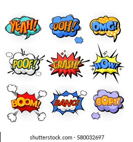 Onomatopoeia or comic bubble speech for cartoon replica like yeah and oh, ooh and splash, omg and oops, poof and boom, bang explosion signs, dialog exclamation. Cloud with text and communication