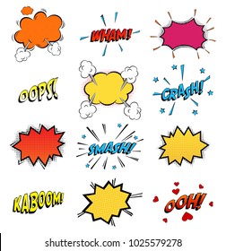 Onomatopoeia comics sounds in clouds for emotions and kaboom explosion. Steaming oops and wham sound, heart for ooh and stars for smash and crash cartoon book theme