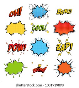 Onomatopoeia comics sounds in clouds for emotions and boom explosion. 