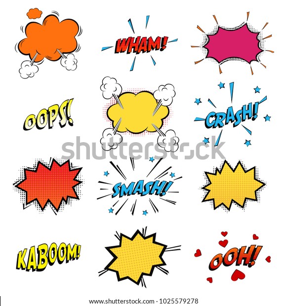 Onomatopoeia comics sounds in clouds\
for emotions and kaboom explosion. Steaming oops and wham sound,\
heart for ooh and stars for smash and crash cartoon book\
theme