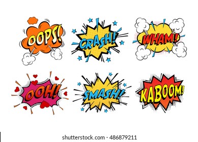 Onomatopoeia comicsspeech bubble for emotions and kaboom explosion. Steaming oops and wham sound, heart for ooh and stars for smash and crash cartoon book theme svg
