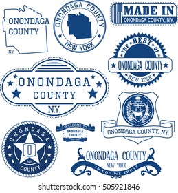 Onondaga county, New York. Set of generic stamps and signs including Onondaga county seal elements and outline county map.
