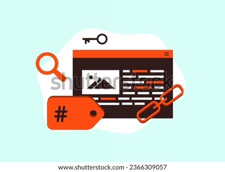 On-page SEO for improve website ranking. Search Engine Optimization with meta data tags, seo keywords research, internal links. Vector illustration isolated on white background with icons