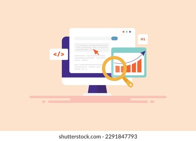 On-page SEO optimization, SEO analysis, Website SEO marketing - flat design vector illustration with icons