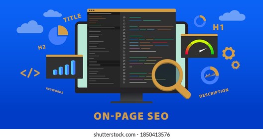 Concepto de banner vectorial del sitio web SEO (Optimización del motor de búsqueda) en página. Cambio de título, descripción, meta etiquetas, h1, titulares y palabras clave. Desarrollo web para una mejor clasificación en los motores de búsqueda. 