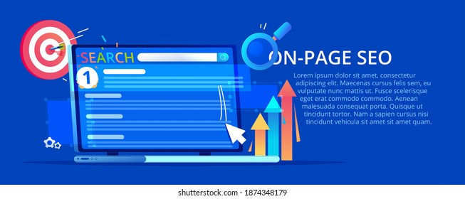 On-page vector banner. A laptop with search ranking and website on first place