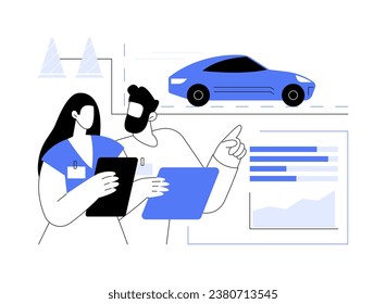 On-road car model validation abstract concept vector illustration. Engineers testing car on road using tablet, automotive industry, vehicle manufacturing, transportation sector abstract metaphor.