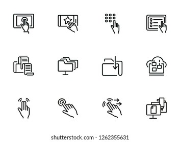 On-screen gestures line icon set. Double tap, swipe, hand. Modern technology concept. Can be used for topics like app development, touchpad, digital devices, manuals