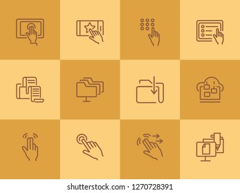 On-screen gestures line icon set. Double tap, swipe, hand. Modern technology concept. Can be used for topics like app development, touchpad, digital devices, manuals